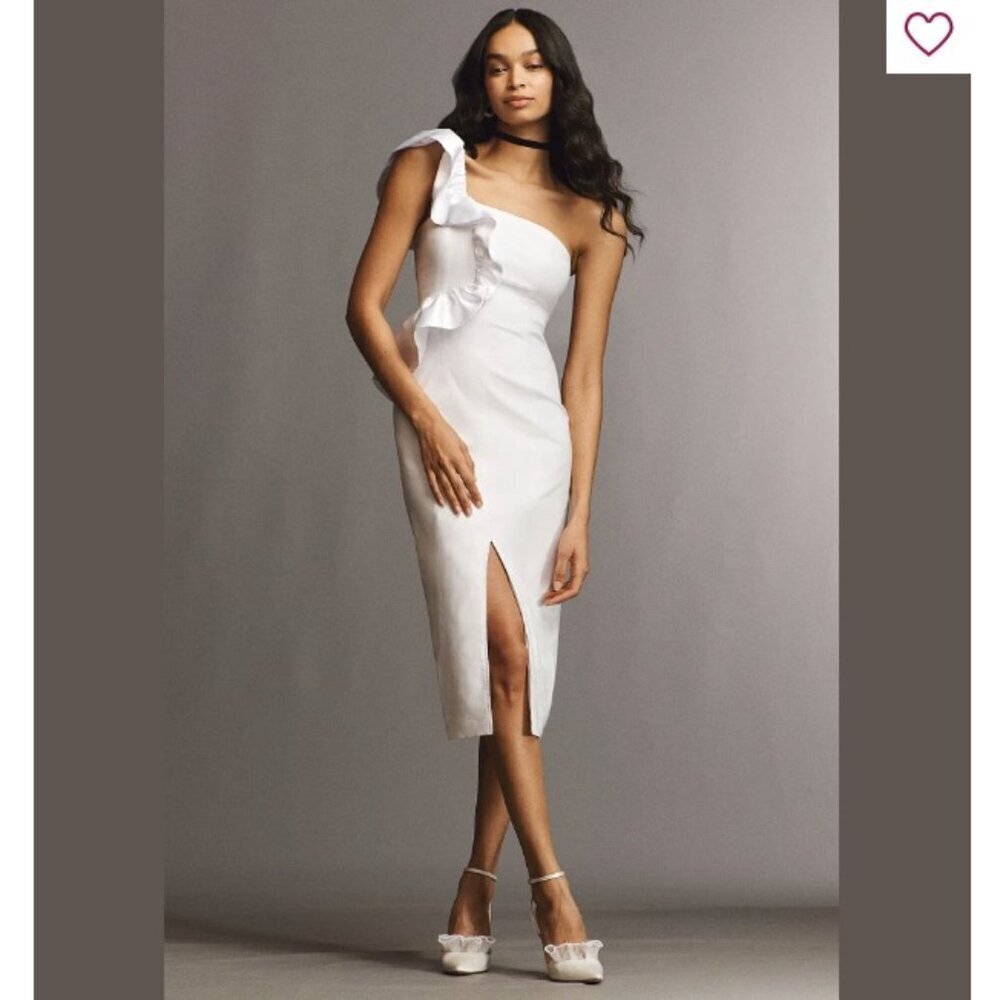 ANTHROPOLOGIE BHLDN Wren White One-Shoulder Ruffled Midi Stretch Dress Elastic S - Picture 2 of 12